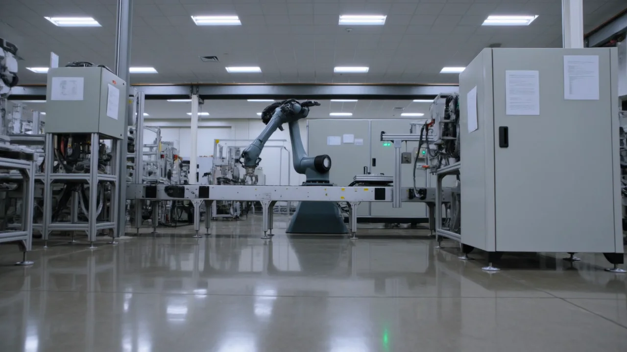 Planta industrial con robot y tableros eléctricos