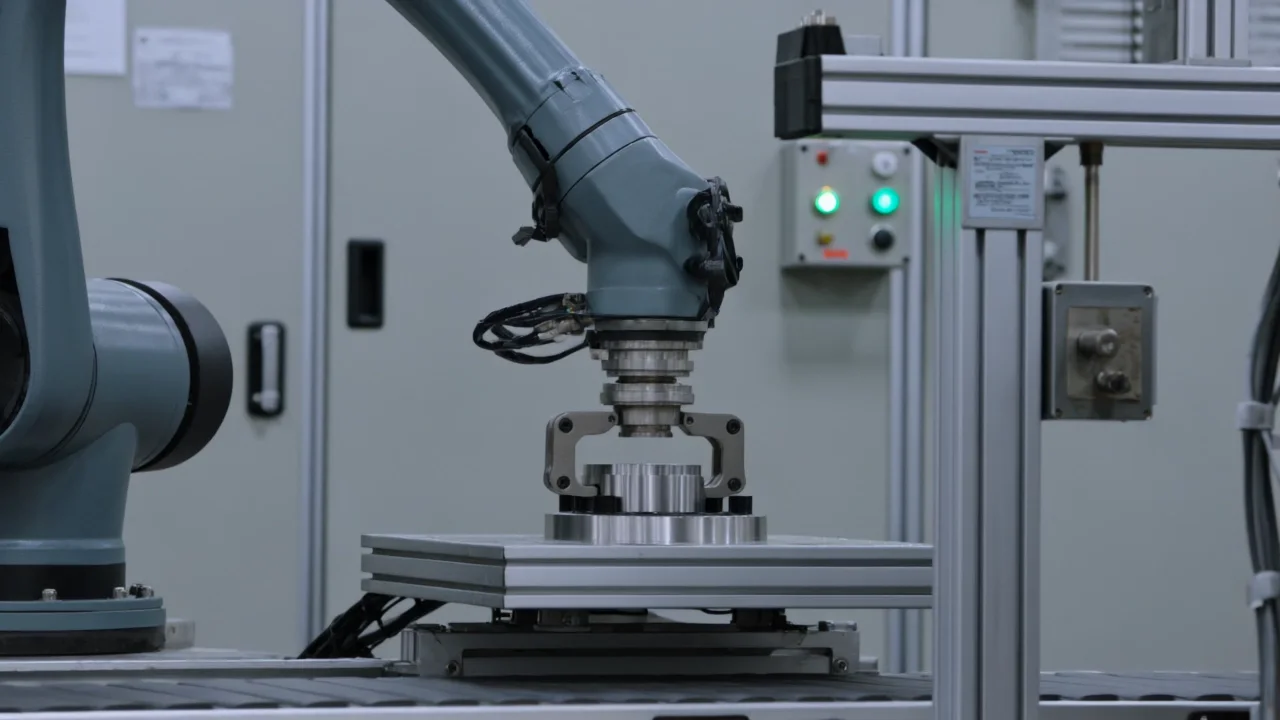 Robot industrial junto a una estructura de perfil de aluminio